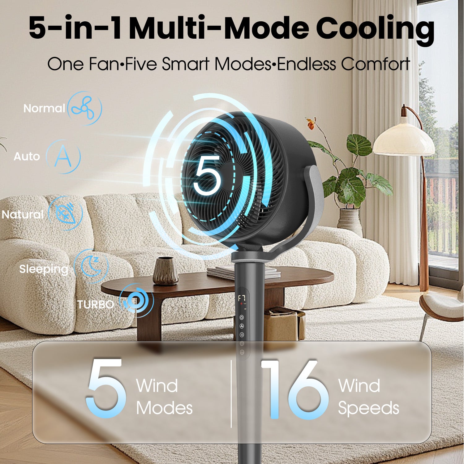 VAJIAZA 37"-46" Pedestal Fan, Quiet Standing Fan for Home Bedroom, 120°+120° Smart 3D Oscillating Floor Fan, 16 Speeds, 4 Wind Modes, Screen-Off, Child Lock, 12H Timer