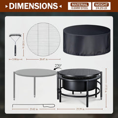 52" Fire Pits for Outside, Foldable Fire Pits with 26" Fire Stove and Table, Cold-Rolled Steel Fire Pit Tables with BBQ Net, Poker, Grill Brush and Protective Cover