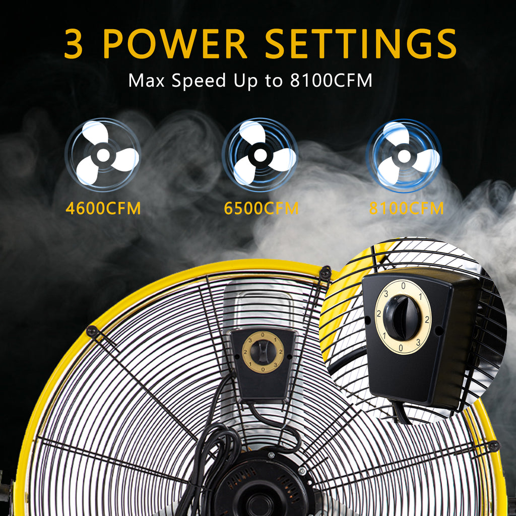 24"Industrial Fan High Velocity,Heavy Duty Drum Fan up to 8100CFM,3-Speed & 360°Adjustable,Ideal for Home, Garage, Indoor/Outdoor Use, Yellow