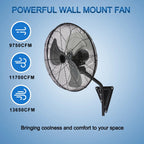 30” Wall Mount Fan 13650 CFM High Velocity Industrial Heavy Duty Fan with 3-Speed Oscillating Commercial Use for Warehouse, Garage, Factory, Black