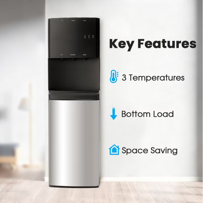 Bottom Loading Water Dispenser with Compressor Cooling, Stainless Steel Body & Aluminum Motor, High Dispensing Area, Safety Lock
