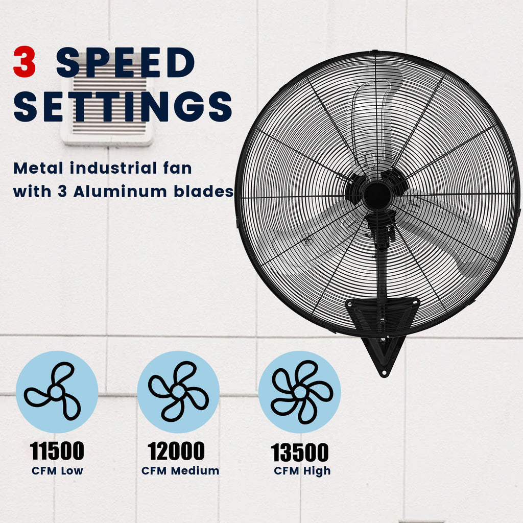 30in Wall Mount Fan, 3-Speed Industrial Wall Fan up to 13500CFM, 120°Oscillating High Airflow Cooling Fan for Garage,Home,Warehouse, Indoor/Outdoor Use, Black