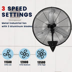 30in Wall Mount Fan, 3-Speed Industrial Wall Fan up to 13500CFM, 120°Oscillating High Airflow Cooling Fan for Garage,Home,Warehouse, Indoor/Outdoor Use, Black