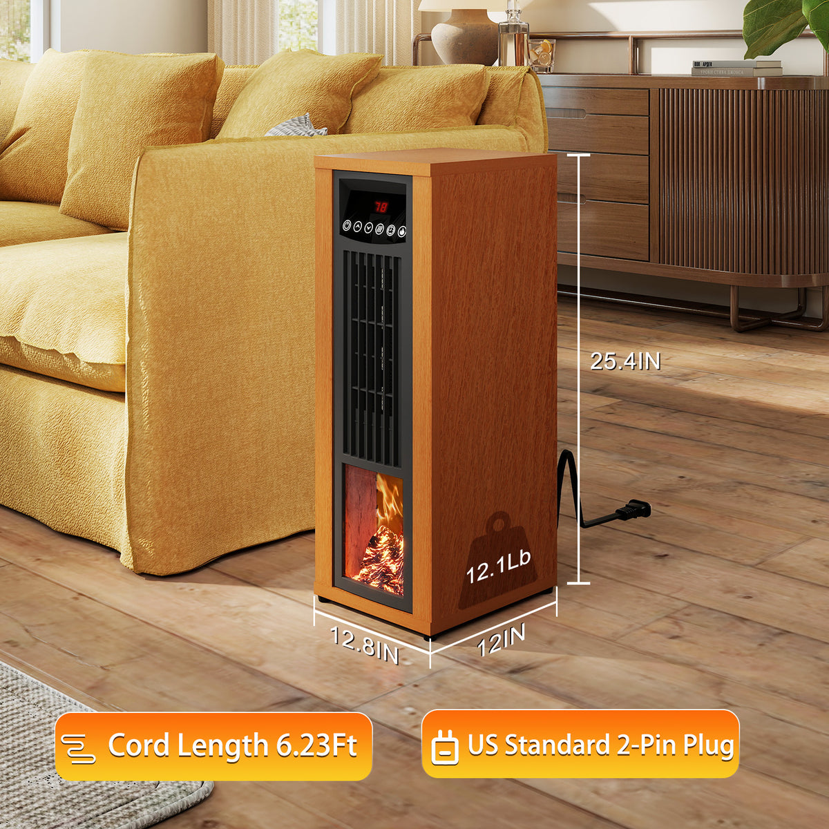 VAJIAZA 25"Electric Fireplace Heater wtih 5100BTU, 1500W Portable Indoor Fireplace with 3D Realistic Flame, AC 120V 60Hz Electric Space Heater, Remote Control, 12H Timer