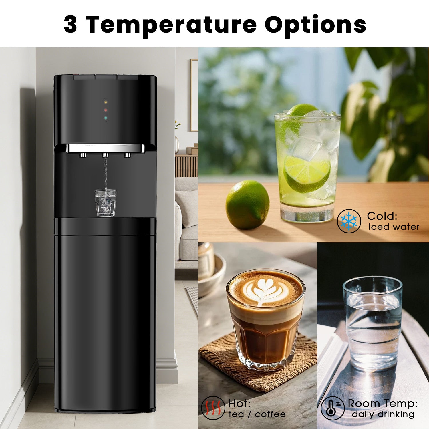 Water Dispenser for 3 and 5 Gallon Bottles – Bottom Load Water Machine with Hot, Cold & Room Temperature Options, Self-Cleaning & Safe Design, Black