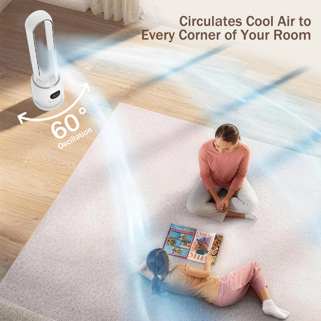 34in Bladeless Tower Fan with 60°Oscillating, 3 Speeds & 3 Modes Standing Floor Fan Equipped Remote Control, 12H Timer for Indoor Room Use