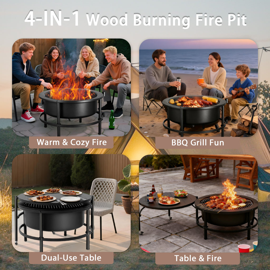 52" Fire Pits for Outside, Foldable Fire Pits with 26" Fire Stove and Table, Cold-Rolled Steel Fire Pit Tables with BBQ Net, Poker, Grill Brush and Protective Cover