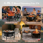 52" Fire Pits for Outside, Foldable Fire Pits with 26" Fire Stove and Table, Cold-Rolled Steel Fire Pit Tables with BBQ Net, Poker, Grill Brush and Protective Cover