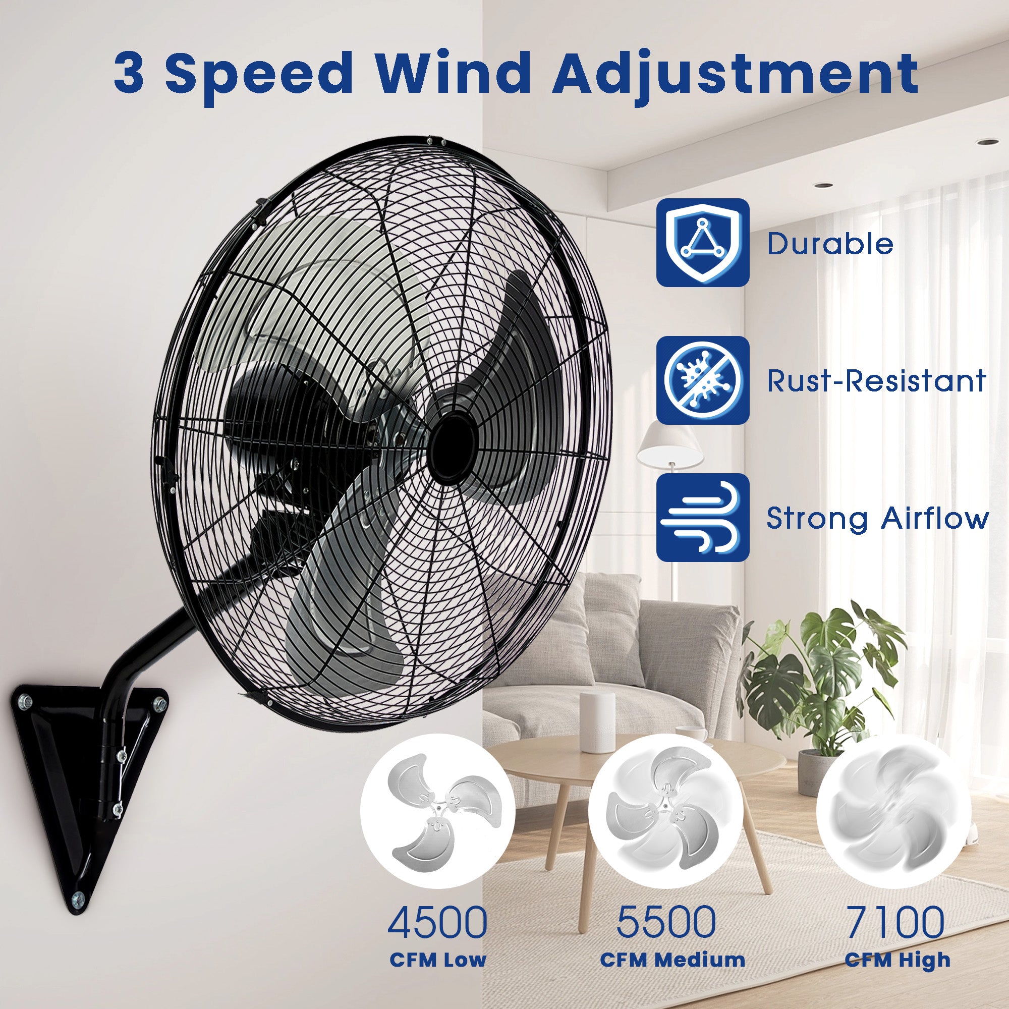 20" Wall Mount Fan, 7100CFM Heavy Duty Wall Fan with 3-Speed & Adjustable Tilt, High Velocity Industrial Oscillating Fans for Garage, Factory, Patio, Porch, Shop & Commercial Use - ETL Listed