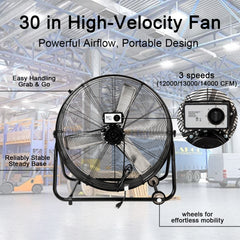 30" Industrial Fans for 14000 CFM, High Velocity Fan with 3 Speeds, Heavy Duty Blower Fan Equipped 360° Tilt Air Circulator Used in Warehouse, Garage, Yard