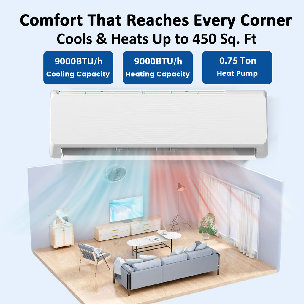 9000 BTU Mini Split Air Conditioner & Heater, 19 SEER2 115V Energy Efficient Ductless Wall-Mounted AC Unit Covers Up to 450 Sq. Ft, Remote Control