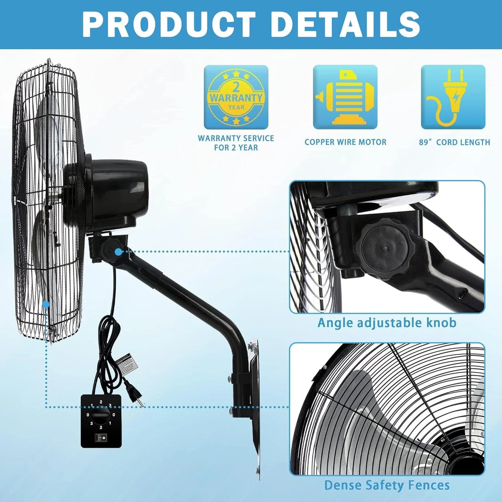 30” Wall Mount Fan 13650 CFM High Velocity Industrial Heavy Duty Fan with 3-Speed Oscillating Commercial Use for Warehouse, Garage, Factory, Black