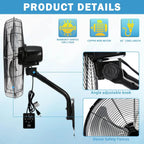 20” Wall Mount Fan 7000 CFM High Velocity Industrial Heavy Duty Fan with 3-Speed Oscillating Commercial Use for Warehouse, Garage, Factory, Black