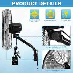 20” Wall Mount Fan 7000 CFM High Velocity Industrial Heavy Duty Fan with 3-Speed Oscillating Commercial Use for Warehouse, Garage, Factory, Black