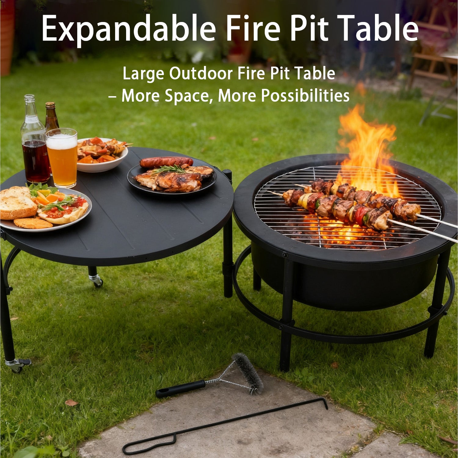 52" Fire Pits for Outside, Foldable Fire Pits with 26" Fire Stove and Table, Cold-Rolled Steel Fire Pit Tables with BBQ Net, Poker, Grill Brush and Protective Cover