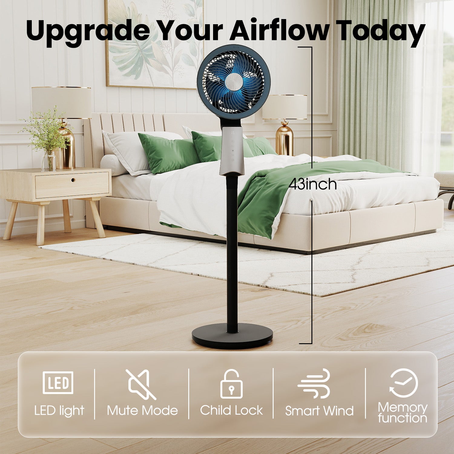 VAJIAZA 42” Pedestal Fan with Remote, 32 Speeds Quiet Floor Fan Equipped Wide-Oscillating, 4 Modes, 12H Timer,Ideal for Bedroom & Home