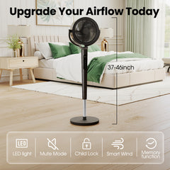 VAJIAZA 37"-46" Pedestal Fan, Quiet Standing Fan for Home Bedroom, 120°+120° Smart 3D Oscillating Floor Fan, 16 Speeds, 4 Wind Modes, Screen-Off, Child Lock, 12H Timer