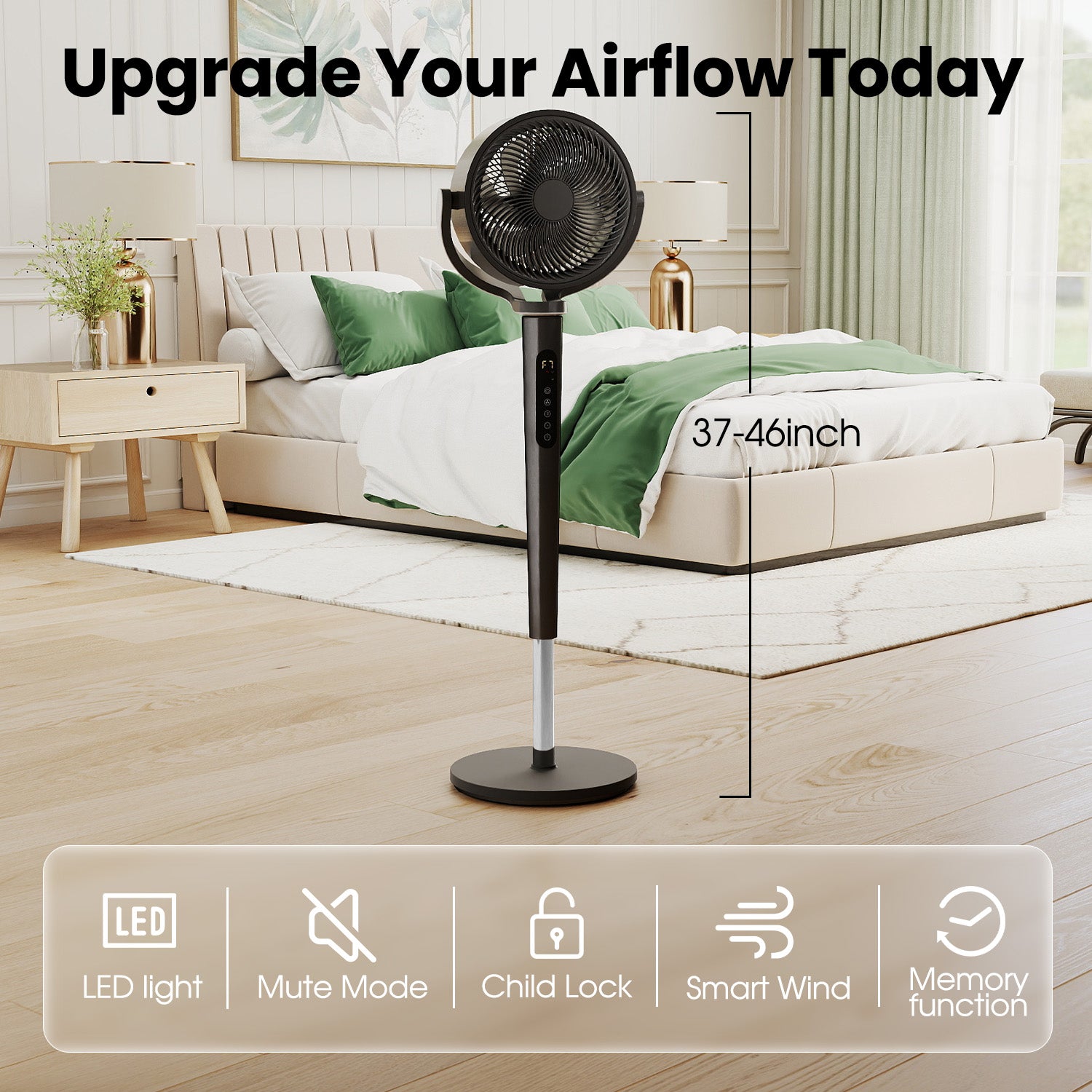 VAJIAZA 37"-46" Pedestal Fan, Quiet Standing Fan for Home Bedroom, 120°+120° Smart 3D Oscillating Floor Fan, 16 Speeds, 4 Wind Modes, Screen-Off, Child Lock, 12H Timer