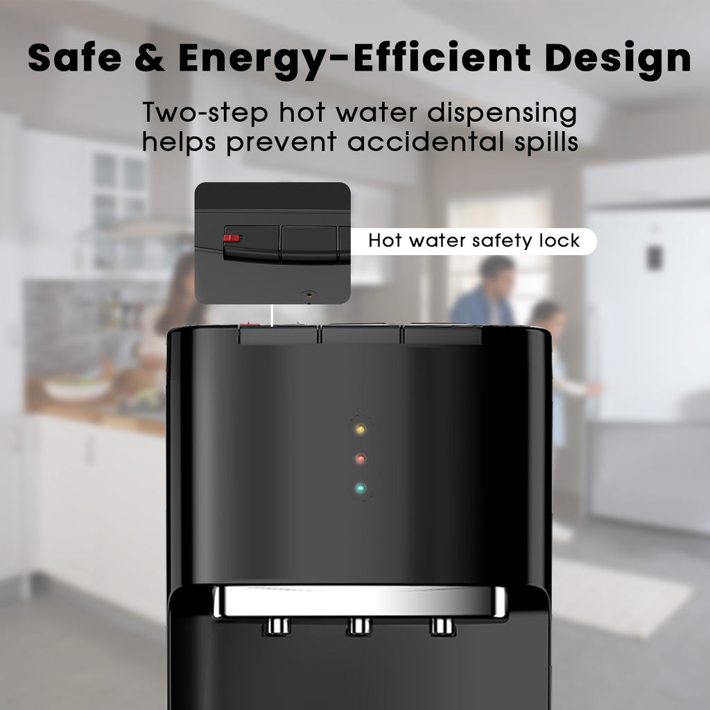 Water Dispenser for 3 and 5 Gallon Bottles – Bottom Load Water Machine with Hot, Cold & Room Temperature Options, Self-Cleaning & Safe Design, Black