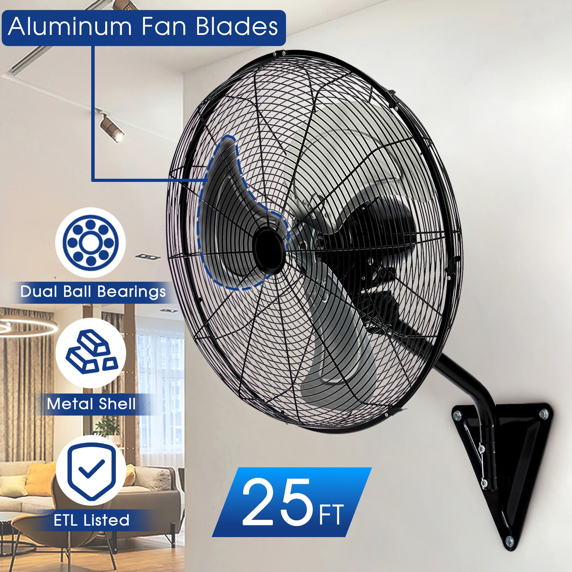 20" Wall Mount Fan, 7100CFM Heavy Duty Wall Fan with 3-Speed & Adjustable Tilt, High Velocity Industrial Oscillating Fans for Garage, Factory, Patio, Porch, Shop & Commercial Use - ETL Listed