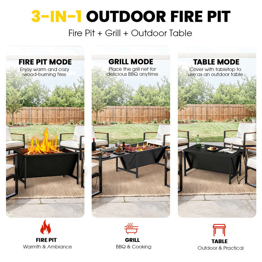 VAJIAZA 53.5 in. Expandable Fire Pit for Outside, 3-in-1 Wood Burning Fire Pit, Steel Fire Pit Tables with BBQ Net, Poker, Grill Brush