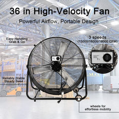 36" Industrial Fans for 18000 CFM, High Velocity Fan with 3 Speeds, Heavy Duty Blower Fan Equipped 360° Tilt Air Circulator Used in Warehouse, Garage, Yard