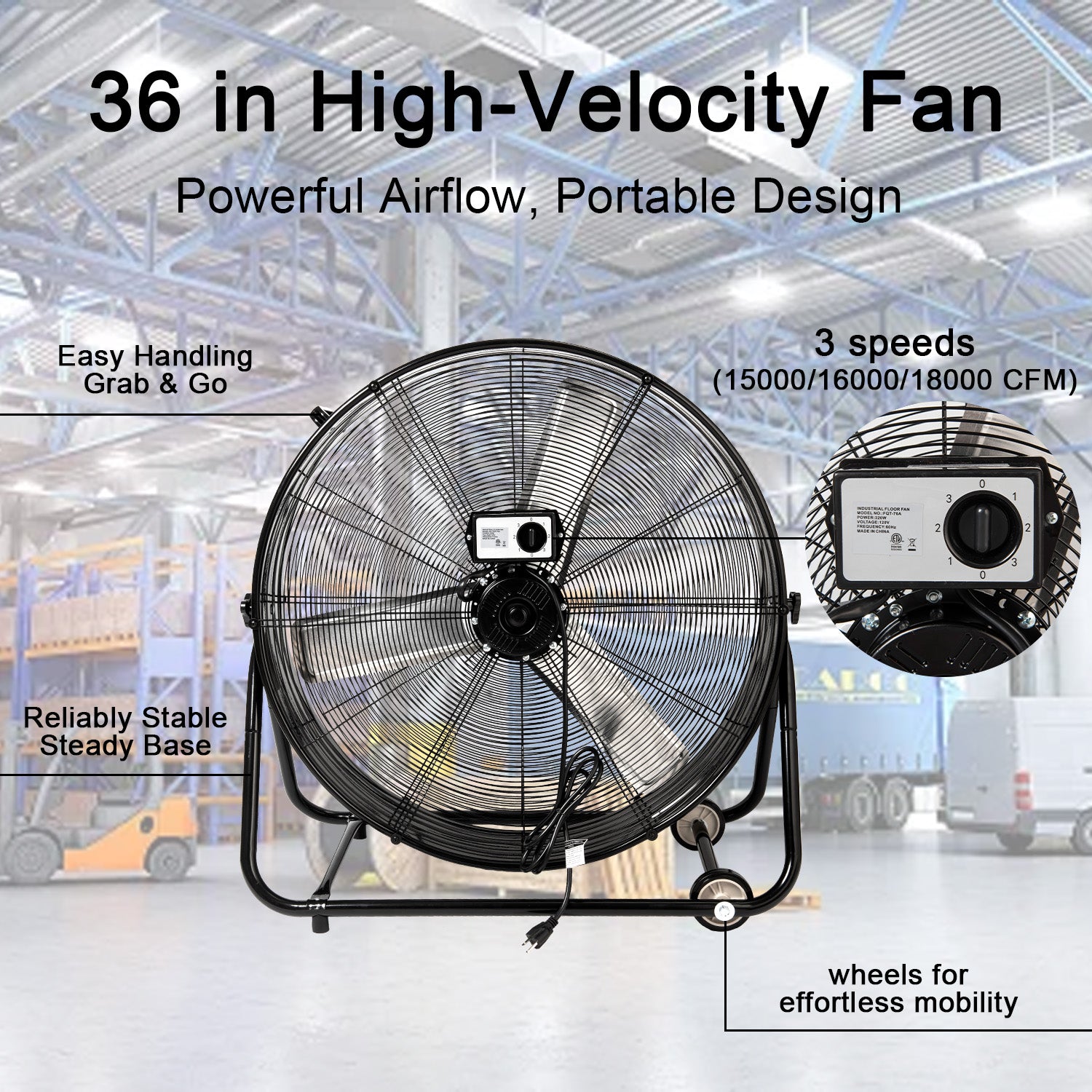 36" Industrial Fans for 18000 CFM, High Velocity Fan with 3 Speeds, Heavy Duty Blower Fan Equipped 360° Tilt Air Circulator Used in Warehouse, Garage, Yard