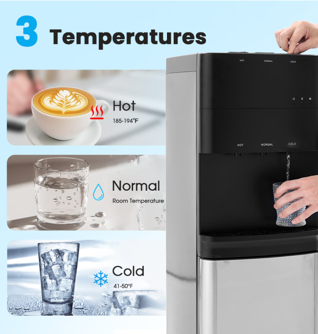 Bottom Loading Water Dispenser with Compressor Cooling, Stainless Steel Body & Aluminum Motor, High Dispensing Area, Safety Lock