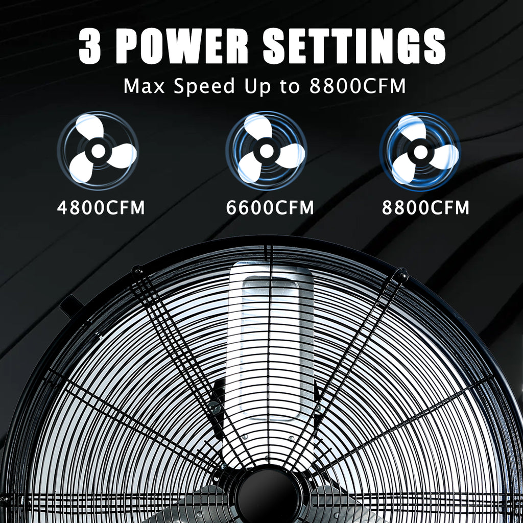 Industrial Fans 24" up to 8800 CFM, High Velocity Fan with 3 Speeds, Heavy Duty Blower Fan Equipped 360° Tilt Air Circulator Recommended Use in Warehouse, Garage, Yard, Black