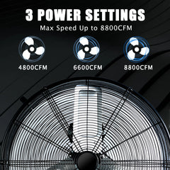 Industrial Fans 24" up to 8800 CFM, High Velocity Fan with 3 Speeds, Heavy Duty Blower Fan Equipped 360° Tilt Air Circulator Recommended Use in Warehouse, Garage, Yard, Black