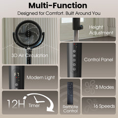 VAJIAZA 37"-46" Pedestal Fan, Quiet Standing Fan for Home Bedroom, 120°+120° Smart 3D Oscillating Floor Fan, 16 Speeds, 4 Wind Modes, Screen-Off, Child Lock, 12H Timer