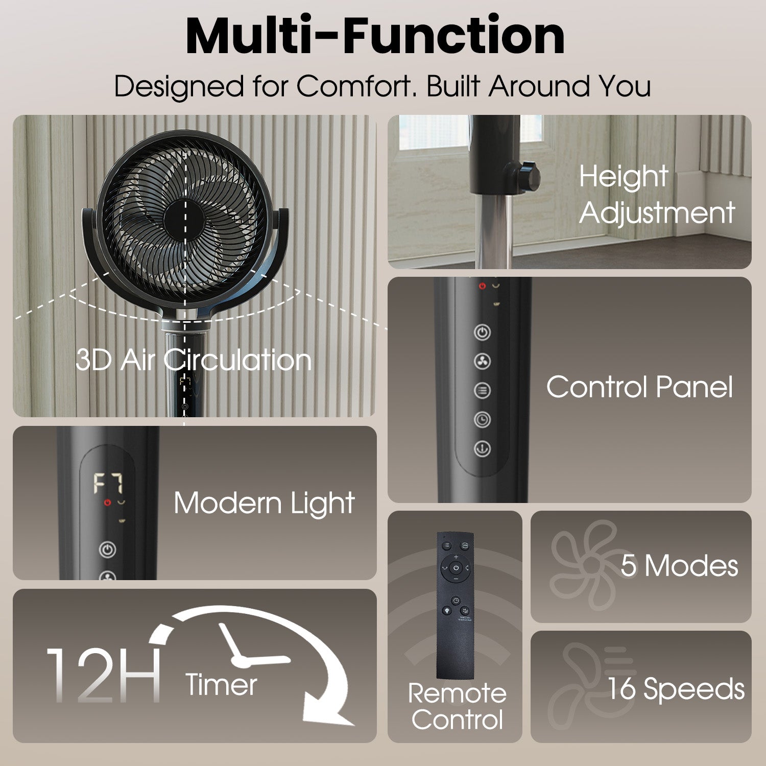 VAJIAZA 37"-46" Pedestal Fan, Quiet Standing Fan for Home Bedroom, 120°+120° Smart 3D Oscillating Floor Fan, 16 Speeds, 4 Wind Modes, Screen-Off, Child Lock, 12H Timer