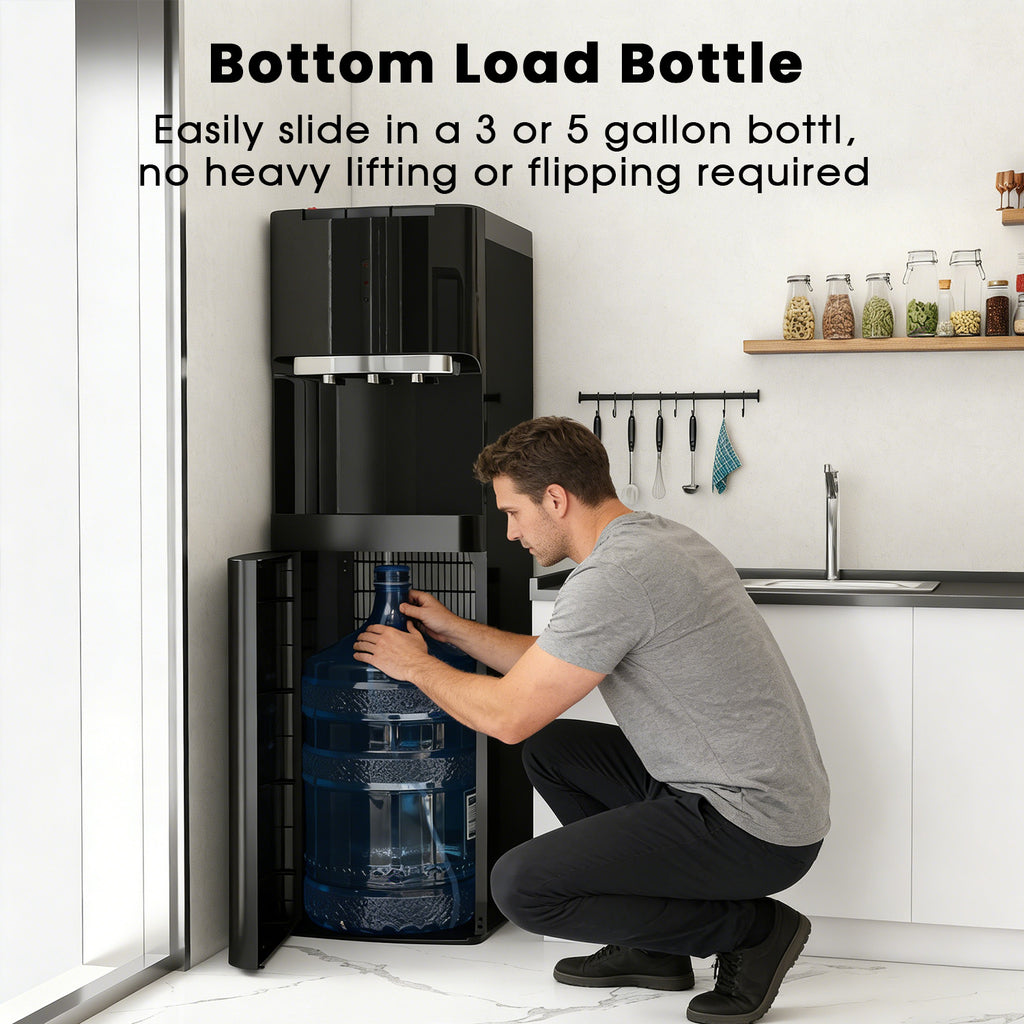 Water Dispenser for 3 and 5 Gallon Bottles – Bottom Load Water Machine with Hot, Cold & Room Temperature Options, Self-Cleaning & Safe Design, Black