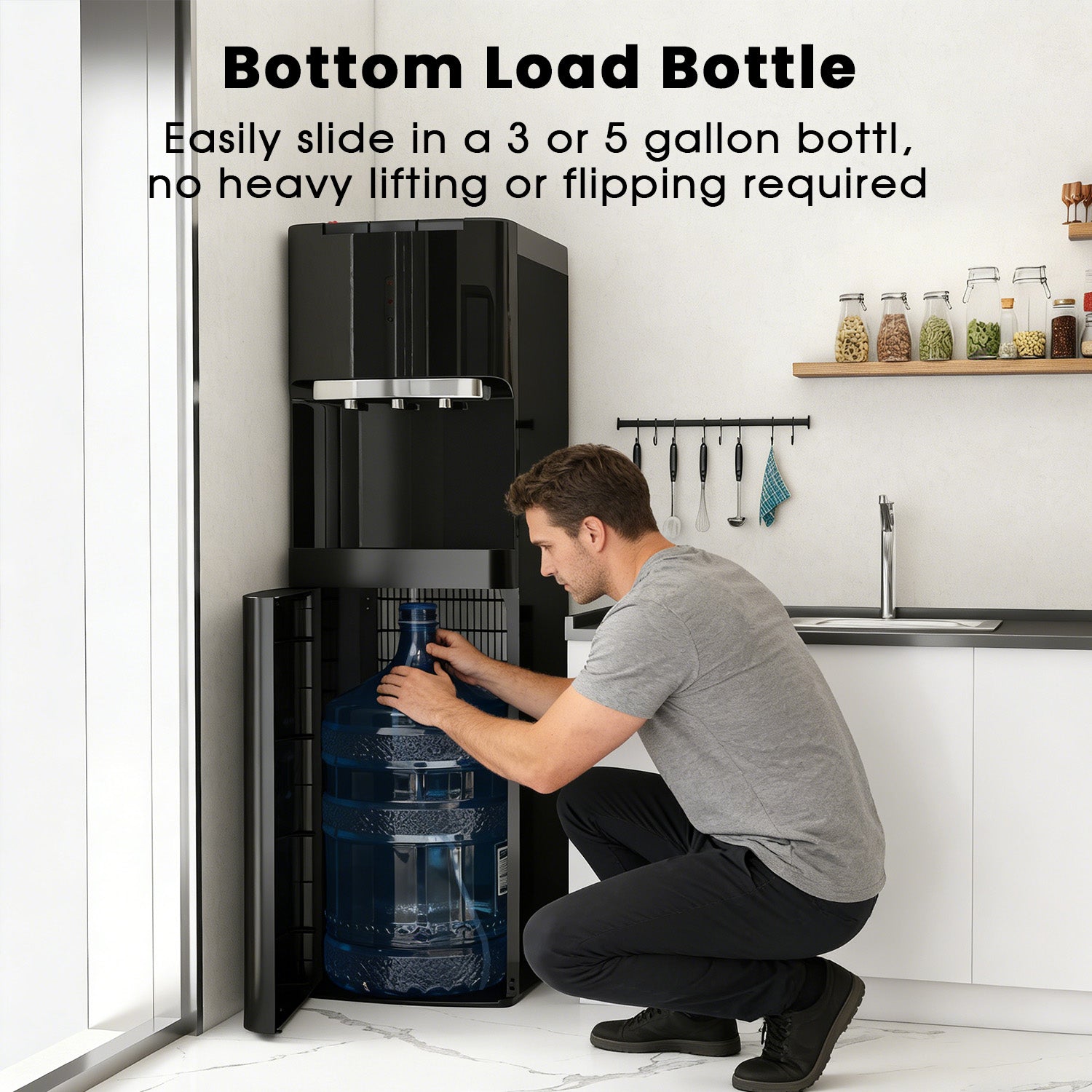 Water Dispenser for 3 and 5 Gallon Bottles – Bottom Load Water Machine with Hot, Cold & Room Temperature Options, Self-Cleaning & Safe Design, Black