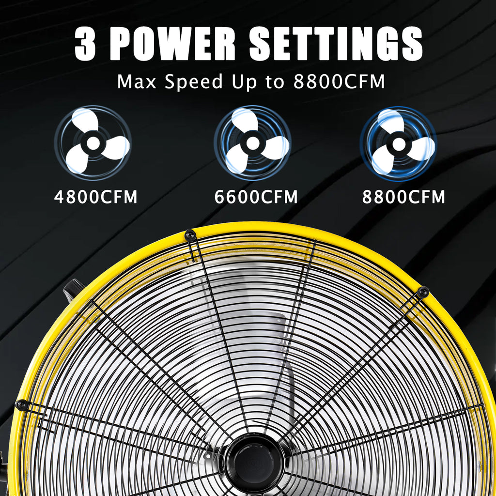 Industrial Fans 24" up to 8800 CFM, High Velocity Fan with 3 Speeds, Heavy Duty Blower Fan Equipped 360° Tilt Air Circulator Recommended Use in Warehouse, Garage, Yard, Yellow