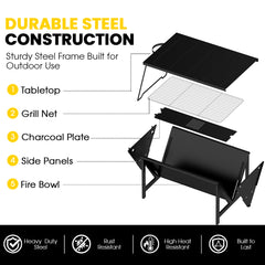 VAJIAZA 53.5 in. Expandable Fire Pit for Outside, 3-in-1 Wood Burning Fire Pit, Steel Fire Pit Tables with BBQ Net, Poker, Grill Brush
