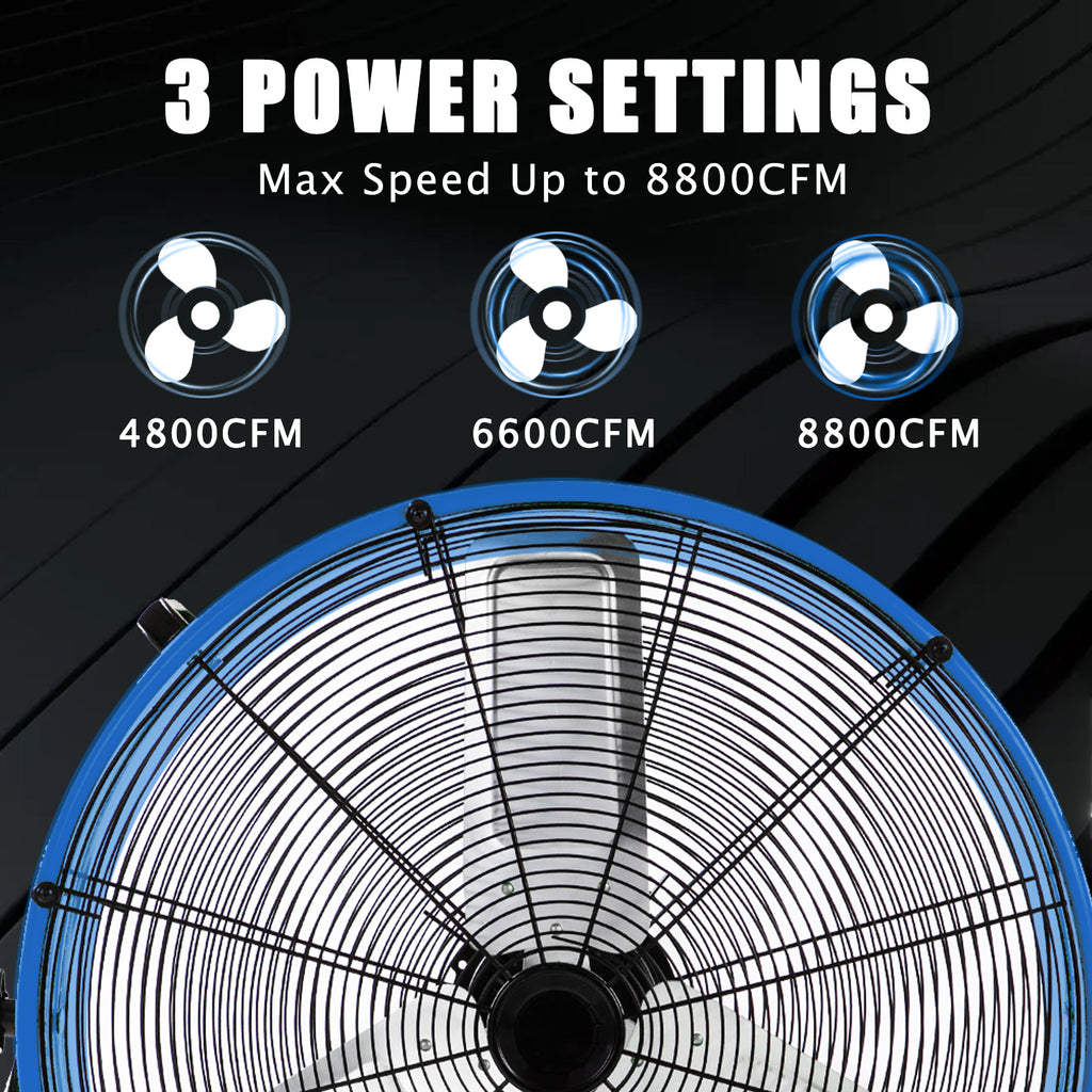 Industrial Fans 24" up to 8800 CFM, High Velocity Fan with 3 Speeds, Heavy Duty Blower Fan Equipped 360° Tilt Air Circulator Recommended Use in Warehouse, Garage, Yard, Blue