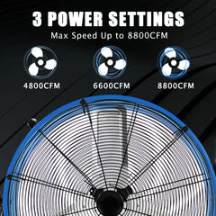 Industrial Fans 24" up to 8800 CFM, High Velocity Fan with 3 Speeds, Heavy Duty Blower Fan Equipped 360° Tilt Air Circulator Recommended Use in Warehouse, Garage, Yard, Blue