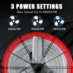 Industrial Fans 24" up to 8800 CFM, High Velocity Fan with 3 Speeds, Heavy Duty Blower Fan Equipped 360° Tilt Air Circulator Recommended Use in Warehouse, Garage, Yard, Red
