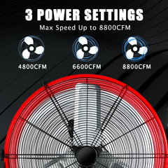 Industrial Fans 24" up to 8800 CFM, High Velocity Fan with 3 Speeds, Heavy Duty Blower Fan Equipped 360° Tilt Air Circulator Recommended Use in Warehouse, Garage, Yard, Red
