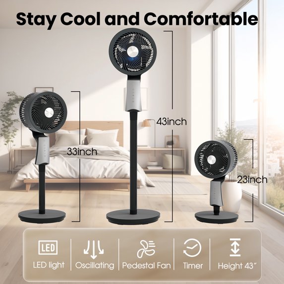32-Speed Pedestal Fan,60° Oscillating Floor Fan with Remote Control, 12H Timer, LED Light, Powerful Quiet Cooling for Home and Office