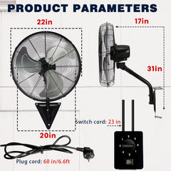 2 Pack 22" Wall Mount Fan, 3 Speeds Wall Oscillating Fan with 7000 CFM, Cooling Fan, High Velocity Fans, Black