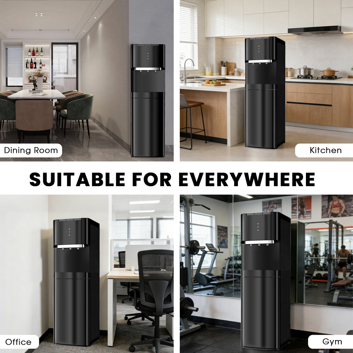 Water Dispenser for 3 and 5 Gallon Bottles – Bottom Load Water Machine with Hot, Cold & Room Temperature Options, Self-Cleaning & Safe Design, Black