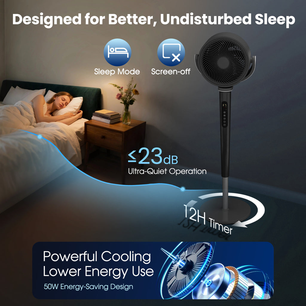 VAJIAZA 37"-46" Pedestal Fan, Quiet Standing Fan for Home Bedroom, 120°+120° Smart 3D Oscillating Floor Fan, 16 Speeds, 4 Wind Modes, Screen-Off, Child Lock, 12H Timer