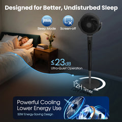 VAJIAZA 37"-46" Pedestal Fan, Quiet Standing Fan for Home Bedroom, 120°+120° Smart 3D Oscillating Floor Fan, 16 Speeds, 4 Wind Modes, Screen-Off, Child Lock, 12H Timer