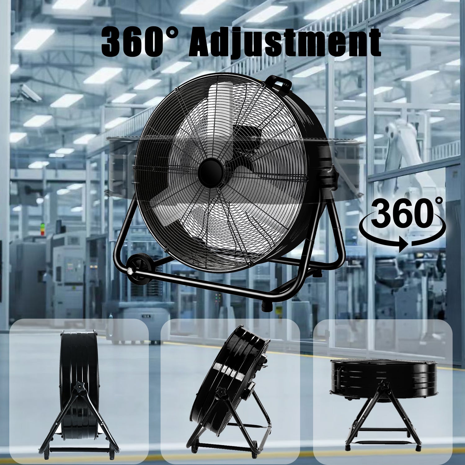 Industrial Fans 24" up to 8800 CFM, High Velocity Fan with 3 Speeds, Heavy Duty Blower Fan Equipped 360° Tilt Air Circulator Recommended Use in Warehouse, Garage, Yard, Black