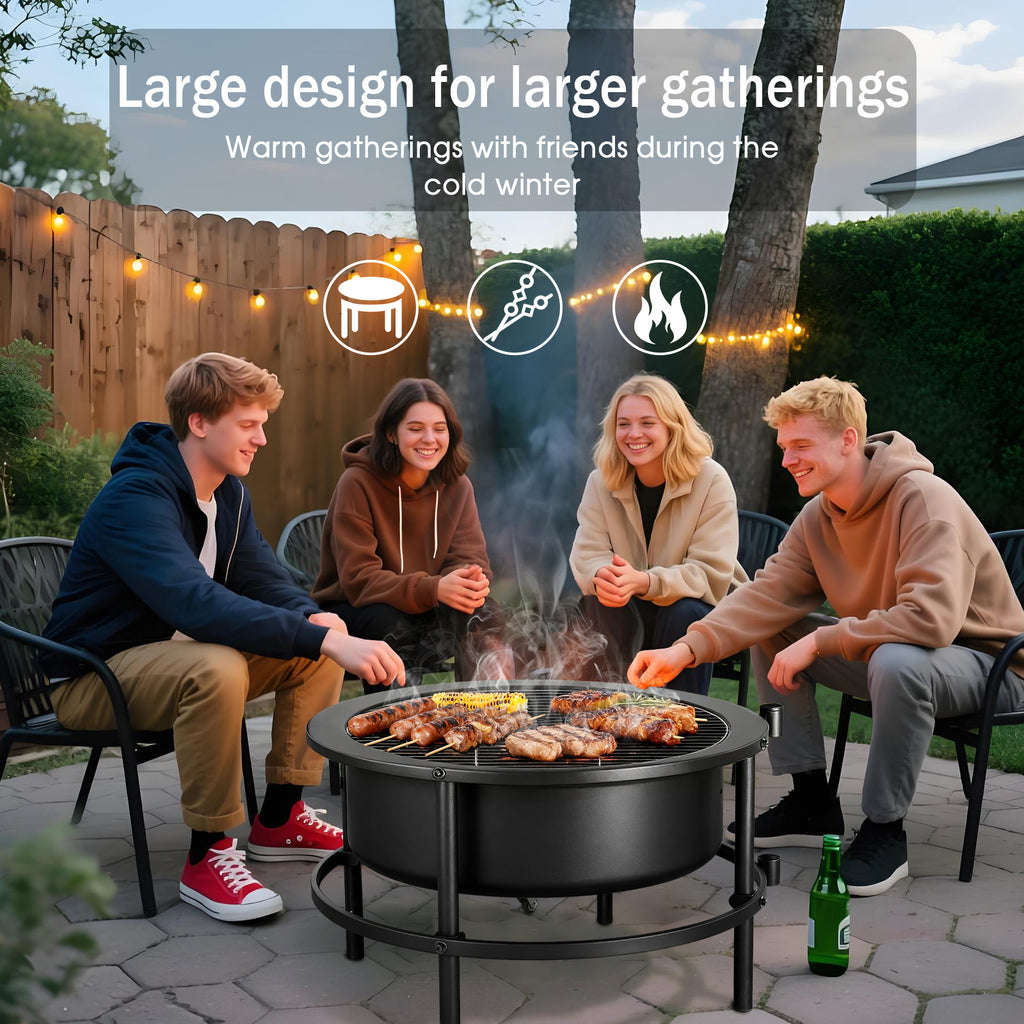52" Fire Pits for Outside, Foldable Fire Pits with 26" Fire Stove and Table, Cold-Rolled Steel Fire Pit Tables with BBQ Net, Poker, Grill Brush and Protective Cover