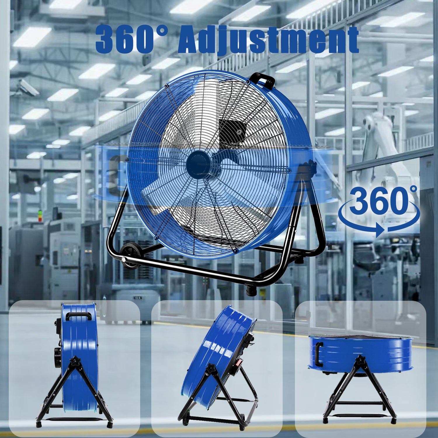 Industrial Fans 24" up to 8800 CFM, High Velocity Fan with 3 Speeds, Heavy Duty Blower Fan Equipped 360° Tilt Air Circulator Recommended Use in Warehouse, Garage, Yard, Blue