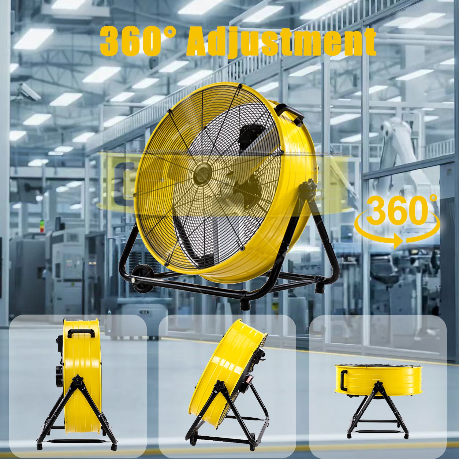Industrial Fans 24" up to 8800 CFM, High Velocity Fan with 3 Speeds, Heavy Duty Blower Fan Equipped 360° Tilt Air Circulator Recommended Use in Warehouse, Garage, Yard, Yellow