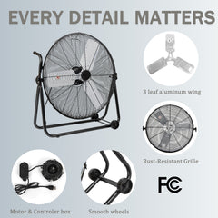 24"Industrial Fan High Velocity,Portable 24"Industrial Fan High Velocity,Portable Floor Fan with 3-Speed up to 8000CFM, Floor Fan Equipped Handle & Wheels, Ideal for Home, Garage, Indoor/Outdoor Use